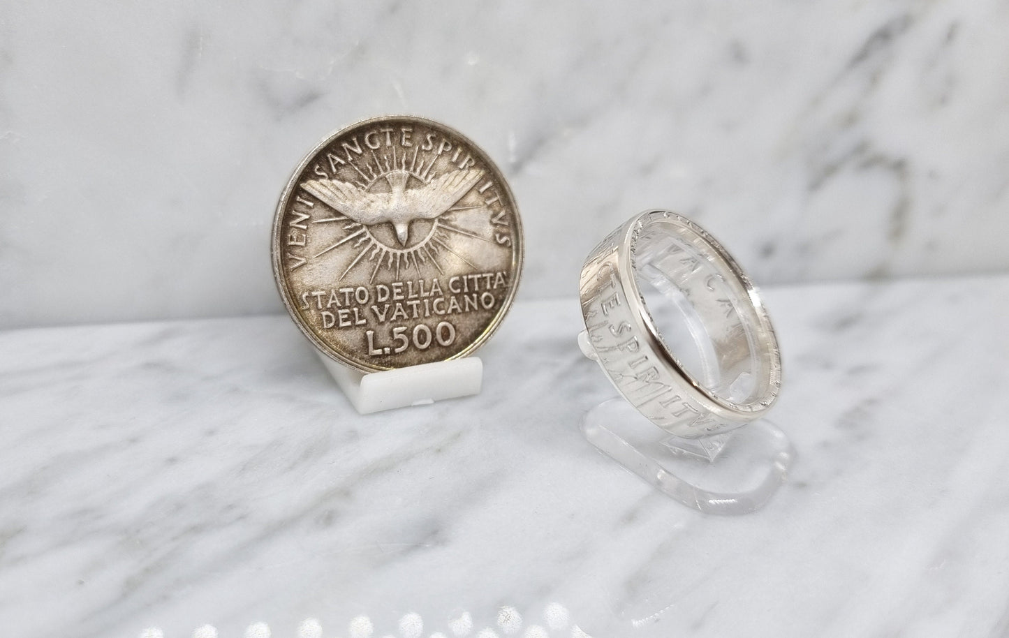 Bague pièce de monnaie 500 Lires du Vatican "Siège vacant" en argent (coin ring)