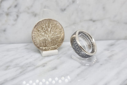 Bague pièce de monnaie 100 Francs "Panthéon" en argent serti d'une spinelle (coin ring)