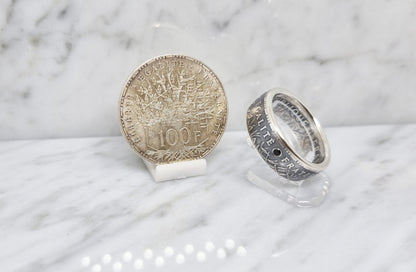 Bague pièce de monnaie 100 Francs "Panthéon" en argent serti d'une spinelle (coin ring)