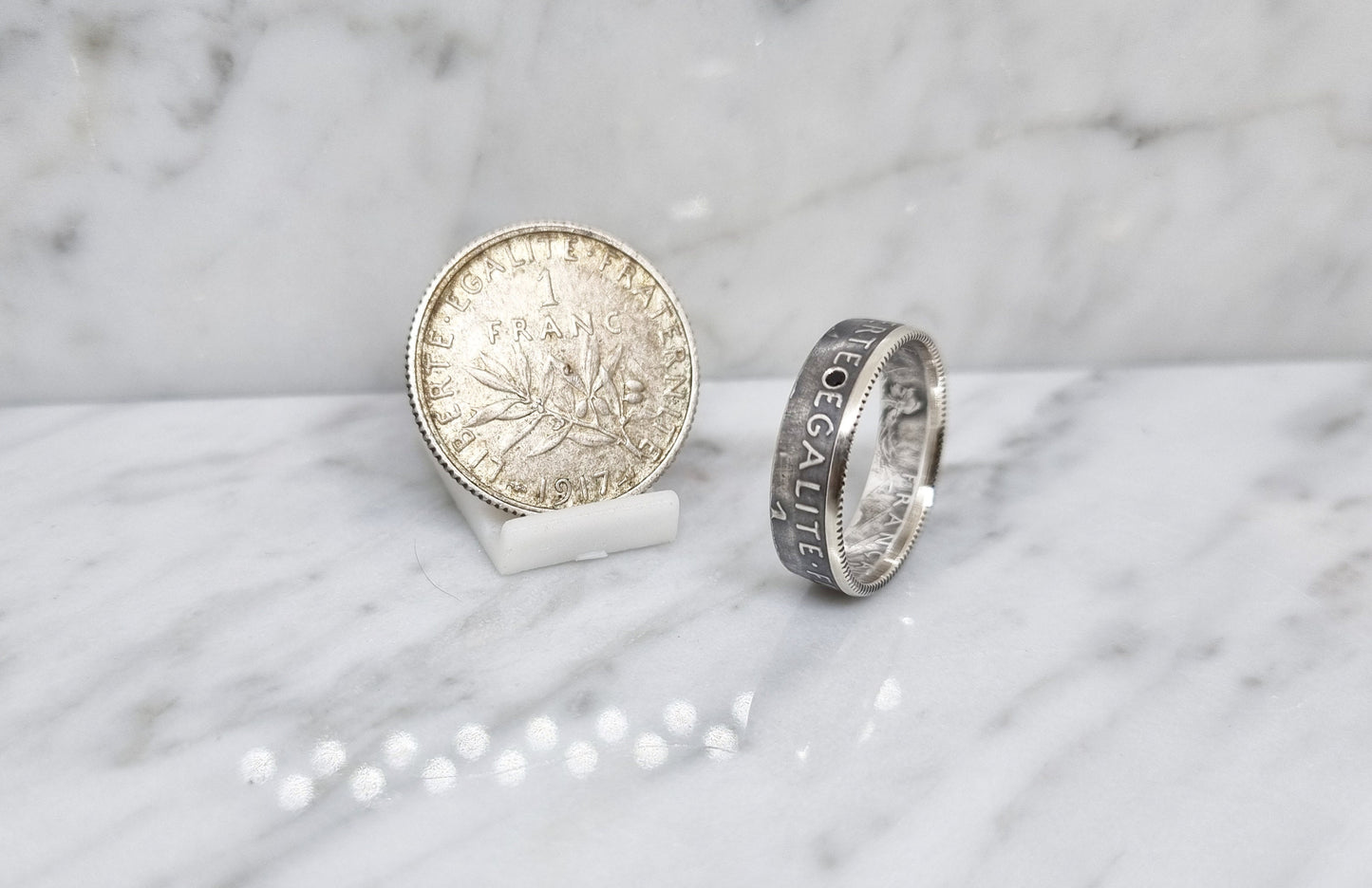 Bague pièce de monnaie 1 Franc Semeuse en argent serti d'une spinelle (coin ring)