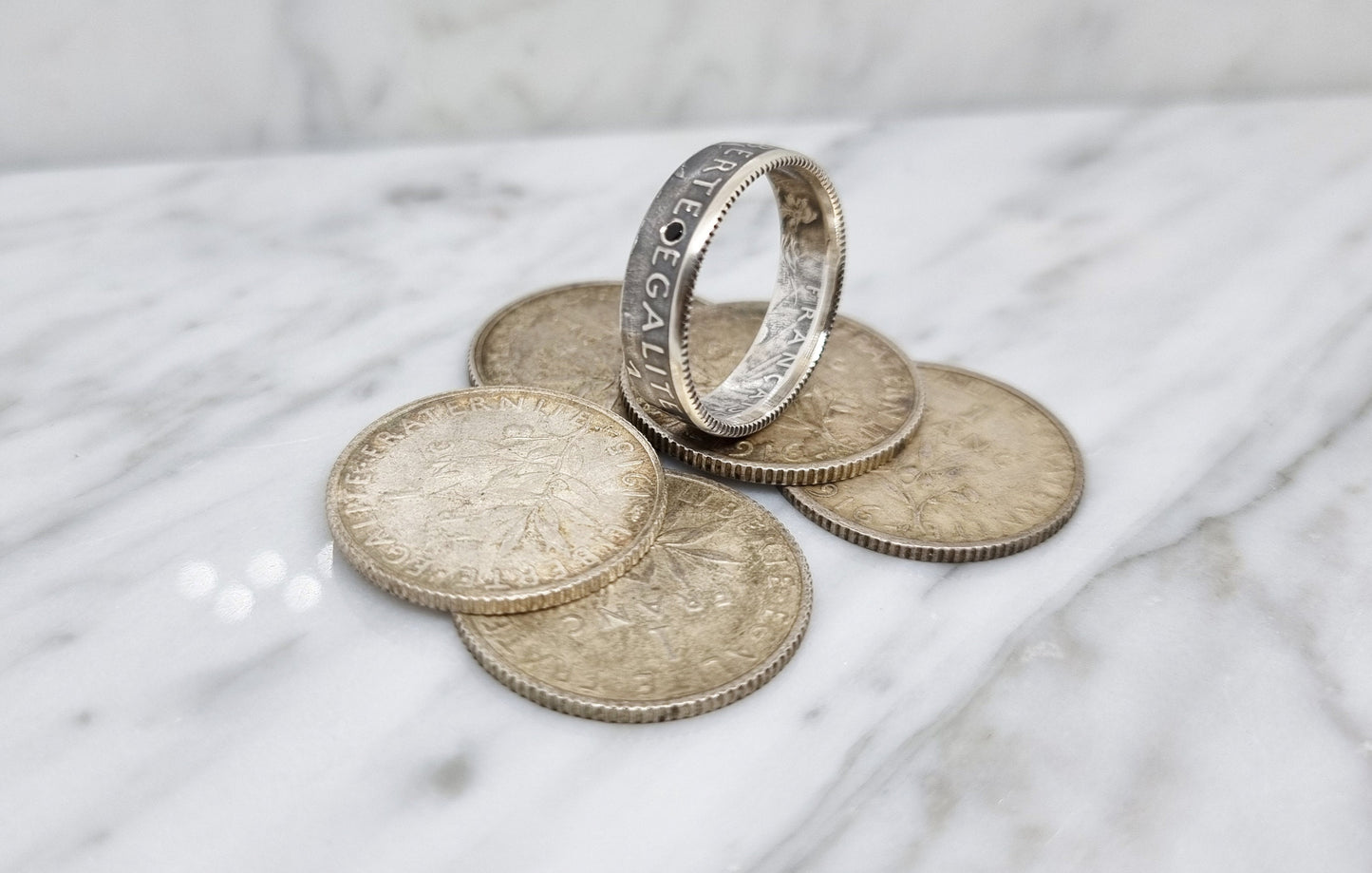 Bague pièce de monnaie 1 Franc Semeuse en argent serti d'une spinelle (coin ring)