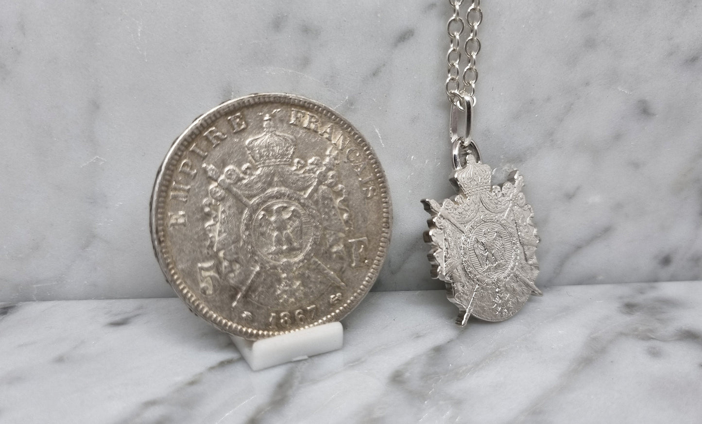 Pendentif pièce de monnaie 5 Francs Napoléon III en argent découpée à la main