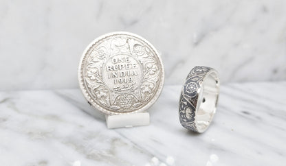 Bague pièce de monnaie 1 Rupee d'Inde en argent style alliance (coin ring)