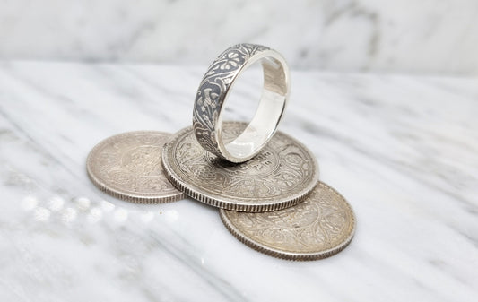 Bague pièce de monnaie 1 Rupee d'Inde en argent style alliance (coin ring)