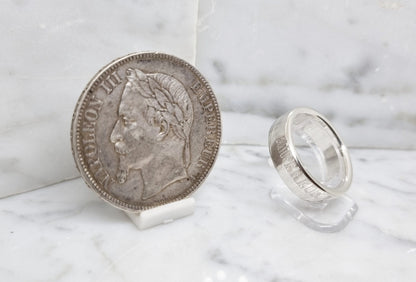 Bague pièce de monnaie 5 Francs Napoléon III visible en argent style alliance (coin ring)