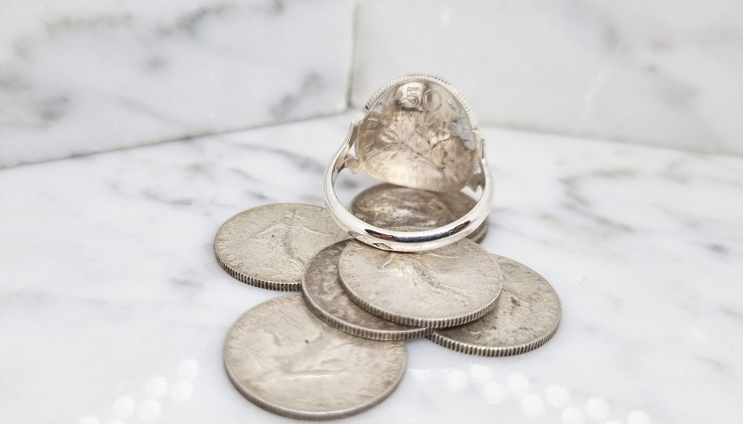 Bague pièce de monnaie 50 Centimes Semeuse cintrée en argent