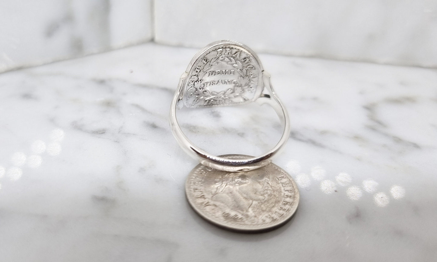 Bague pièce de monnaie demi franc Napoléon Empereur tête laurée cintrée en argent