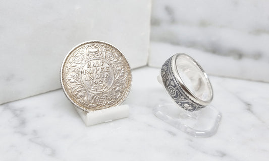 Bague pièce de monnaie demi Rupee d'Inde en argent style alliance (coin ring)