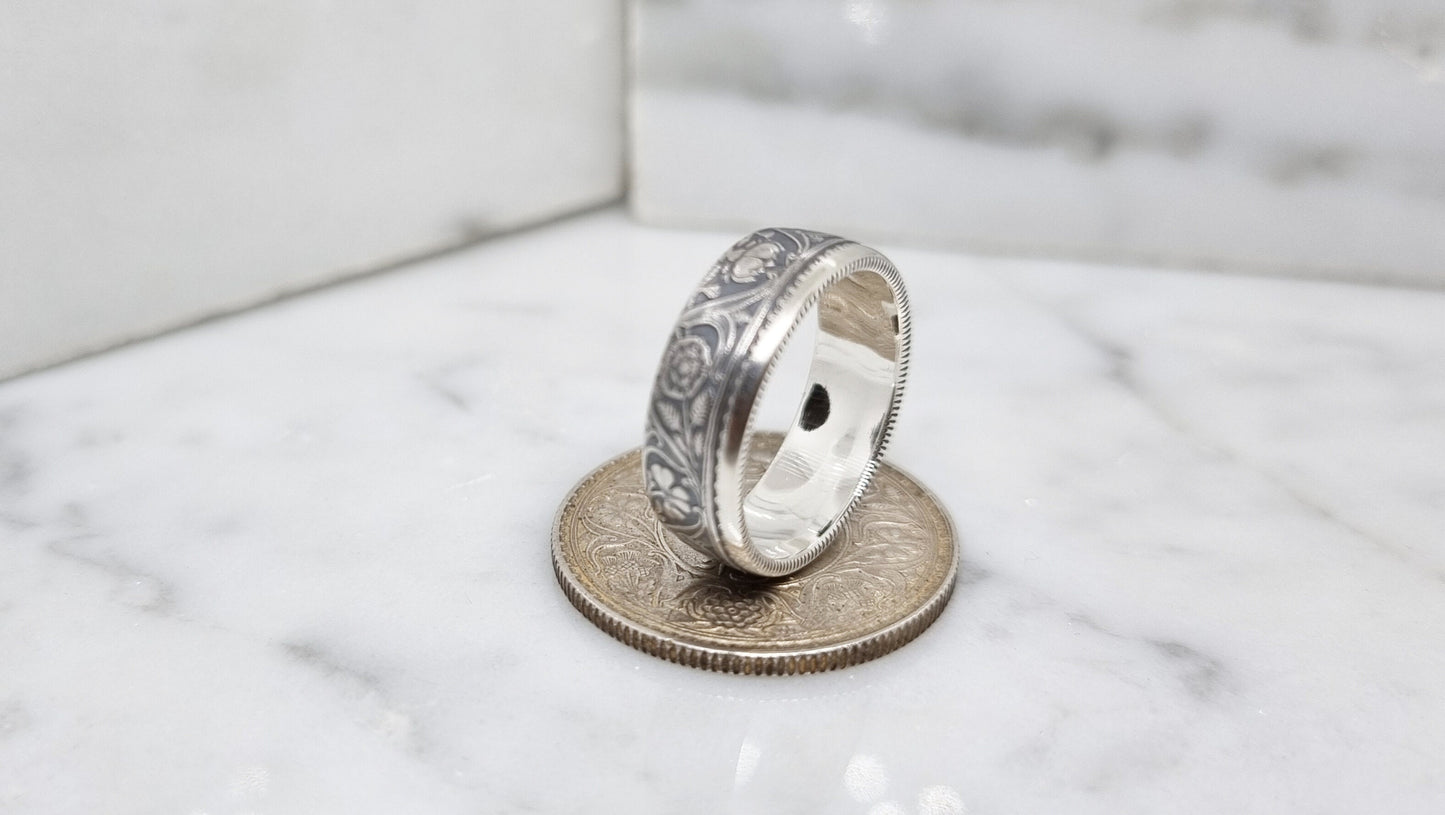 Bague pièce de monnaie demi Rupee d'Inde en argent style alliance (coin ring)