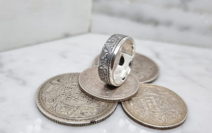 Bague pièce de monnaie demi Rupee d'Inde en argent style alliance (coin ring)