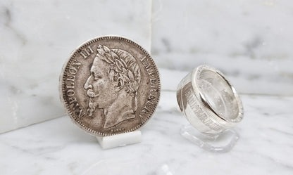 Bague pièce de monnaie 5 Francs Napoléon III visible en argent (coin ring)