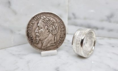 Bague pièce de monnaie 5 Francs Napoléon III visible en argent (coin ring)