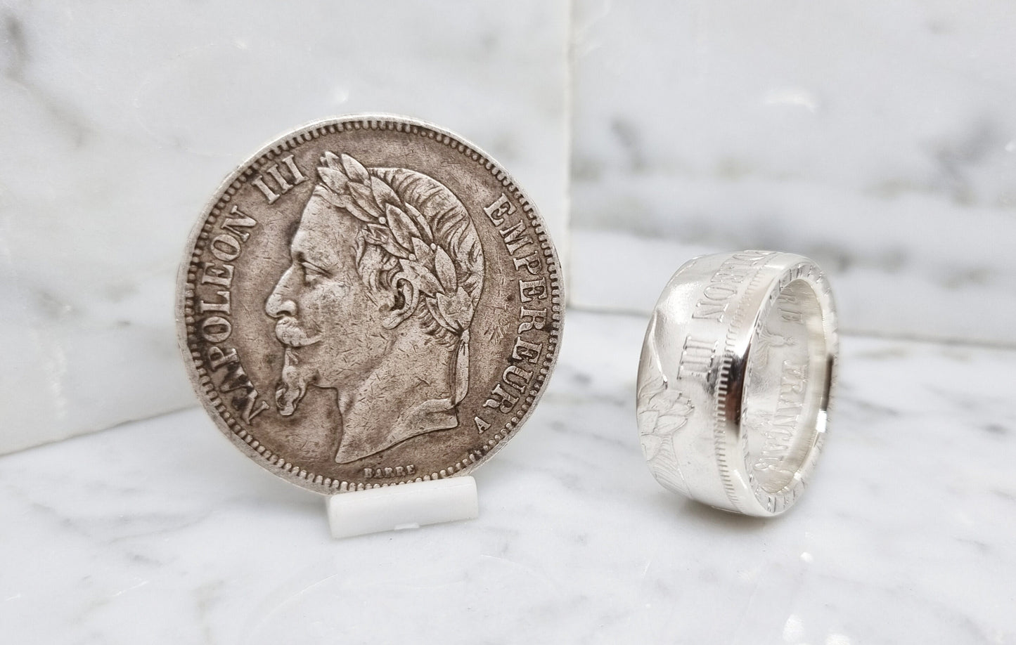 Bague pièce de monnaie 5 Francs Napoléon III visible en argent (coin ring)