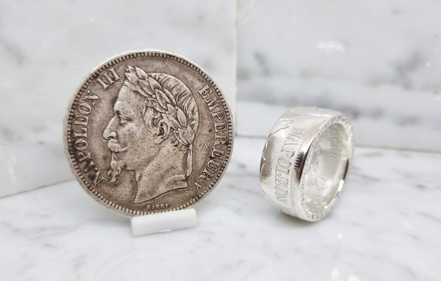 Bague pièce de monnaie 5 Francs Napoléon III visible en argent (coin ring)