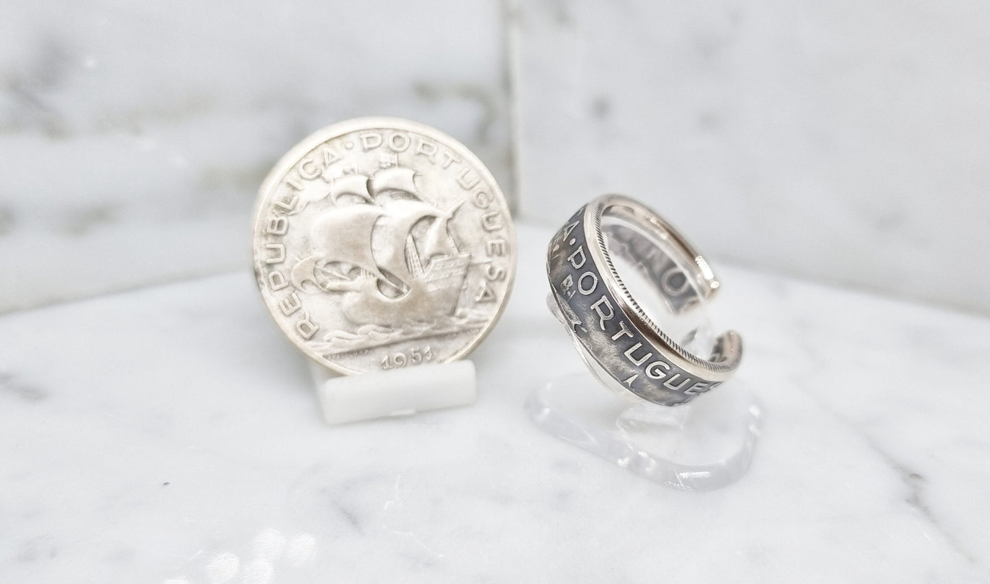 Bague pièce de monnaie 5 Escudos du Portugal ouverte en argent (coin ring)