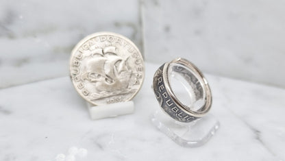 Bague pièce de monnaie 5 Escudos du Portugal ouverte en argent (coin ring)