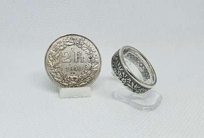 Bague pièce de monnaie 2 Francs Suisse en argent (coin ring)