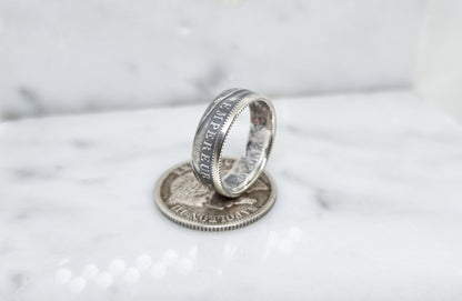 Bague pièce de monnaie 1 Franc Napoléon III visible en argent serti d'un rubis (coin ring)