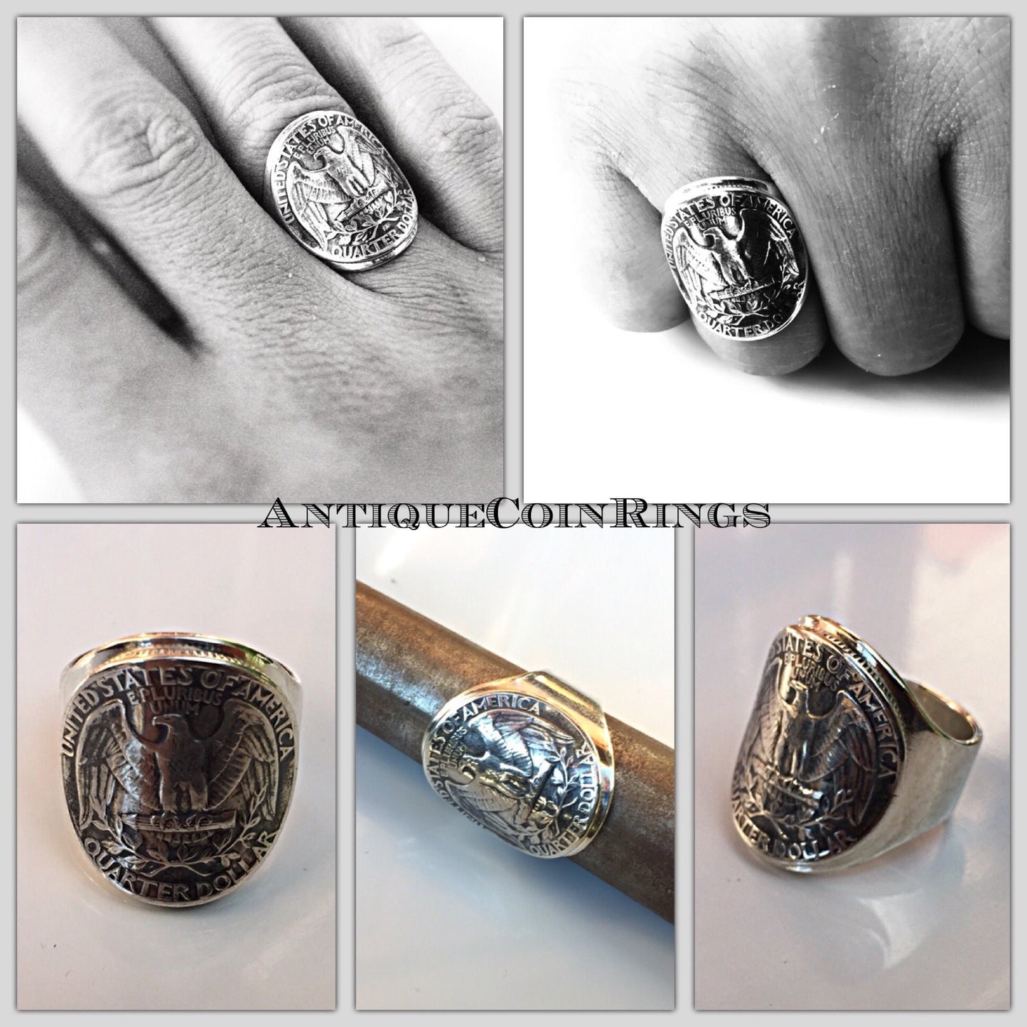 Bague chevalière pièce de monnaie quarter dollar cintrée en argent