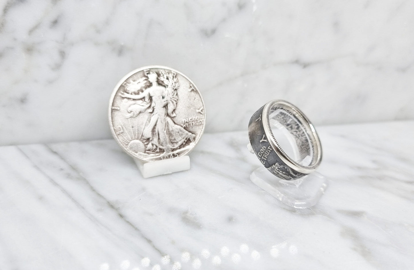 Bague pièce de monnaie 1/2 Dollar "Liberty Walking" des Etats-Unis en argent (coin ring)