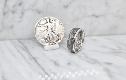 Bague pièce de monnaie 1/2 Dollar "Liberty Walking" des Etats-Unis en argent (coin ring)