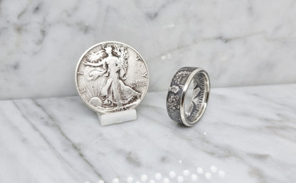 Bague pièce de monnaie 1/2 Dollar "Liberty Walking" des Etats-Unis en argent (coin ring)