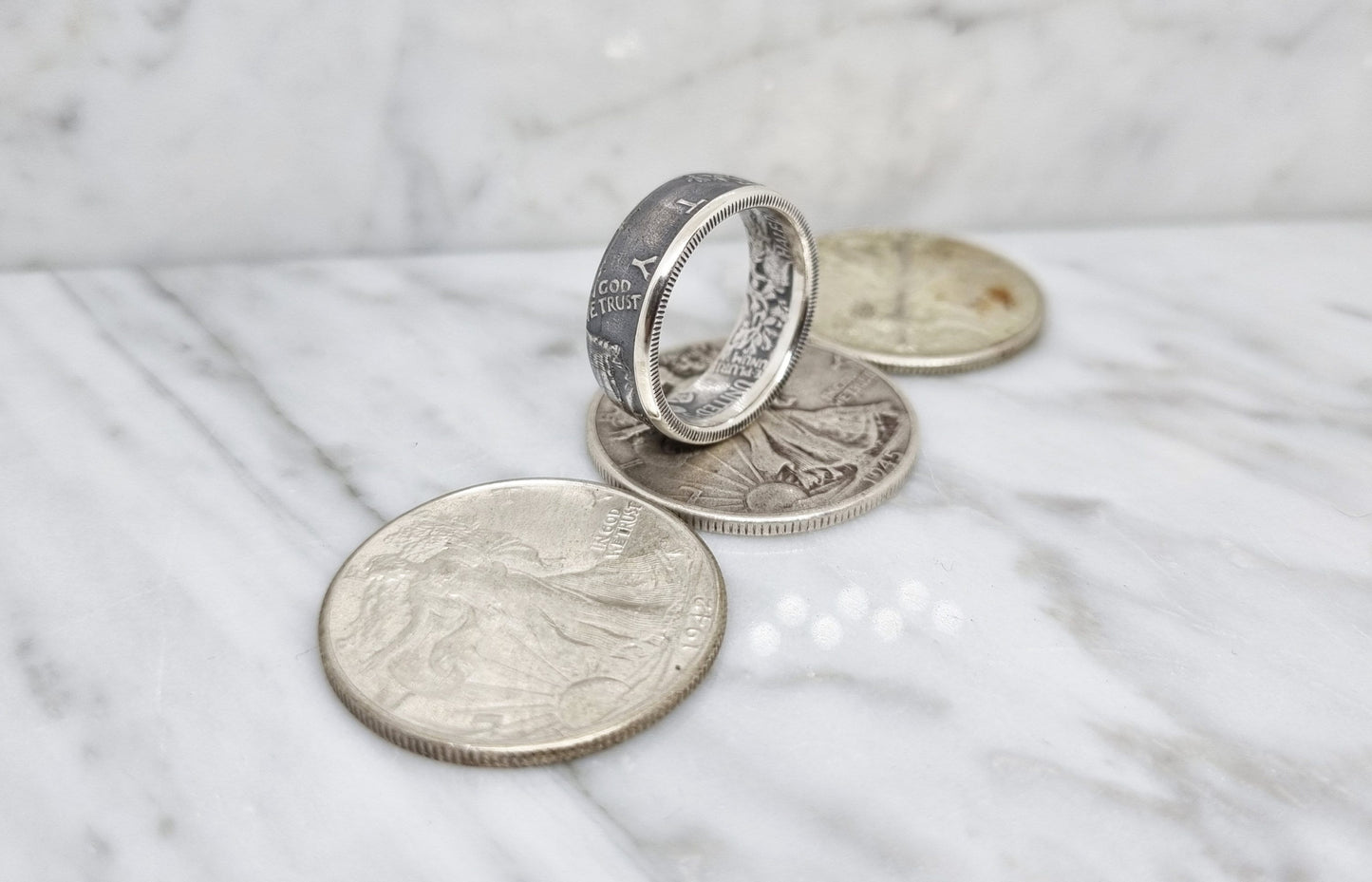 Bague pièce de monnaie 1/2 Dollar "Liberty Walking" des Etats-Unis en argent (coin ring)