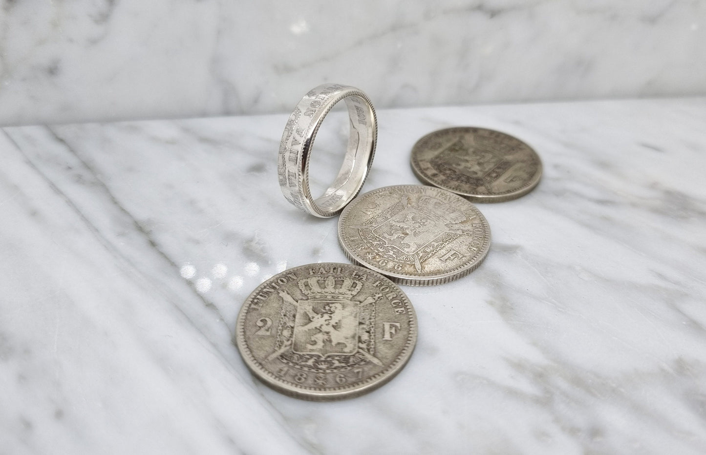 Bague pièce de monnaie 2 Francs de Belgique en argent (coin ring)