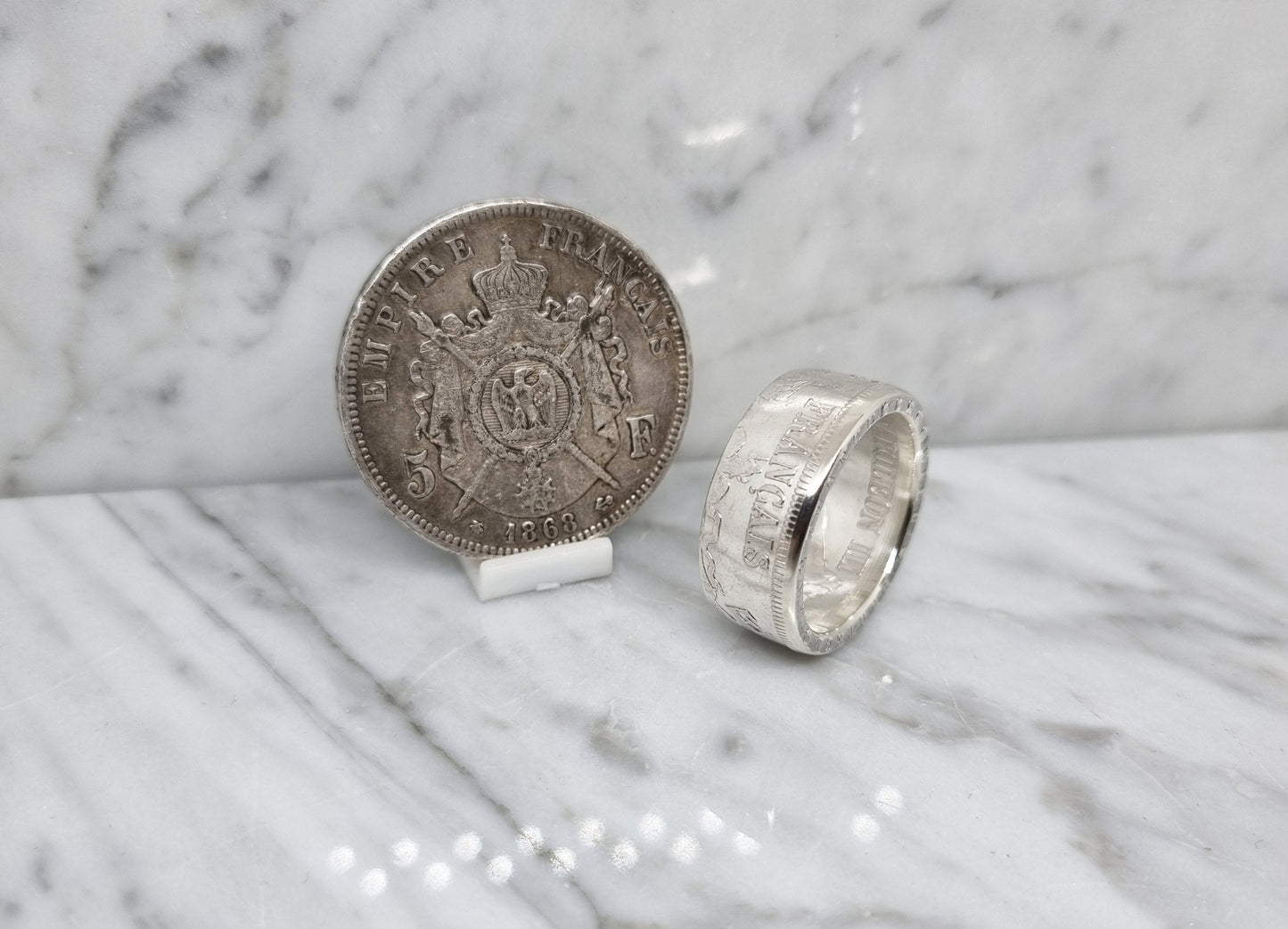 Bague pièce de monnaie 5 Francs Napoléon III en argent (coin ring)