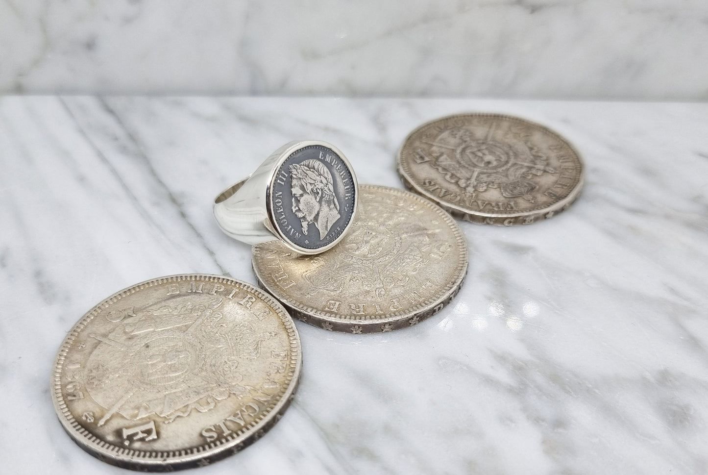 Chevalière massive pièce de monnaie 50 centimes Napoléon III en argent (coin ring)