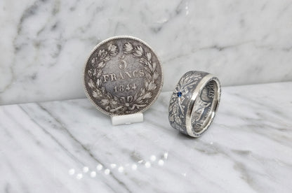 Bague pièce de monnaie 5 francs Louis Philippe en argent serti d''un saphir (coin ring)