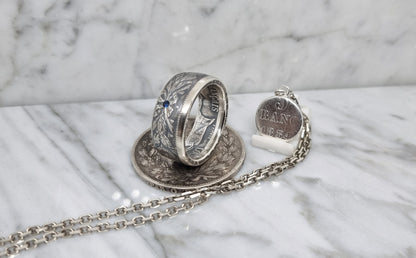 Bague pièce de monnaie 5 francs Louis Philippe en argent serti d''un saphir avec son pendentif (coin ring)