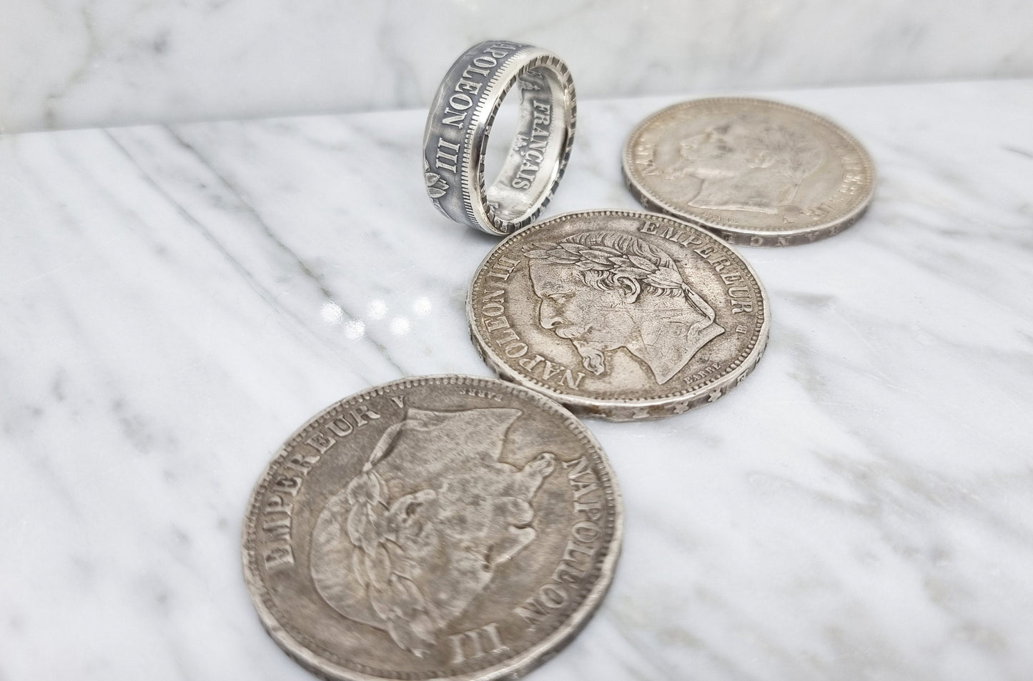 Bague pièce de monnaie 5 Francs Napoléon III visible en argent style alliance (coin ring)