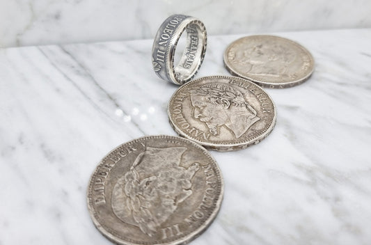 Bague pièce de monnaie 5 Francs Napoléon III visible en argent style alliance (coin ring)