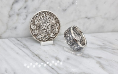 Bague pièce de monnaie 5 Francs de Belgique en argent (coin ring)