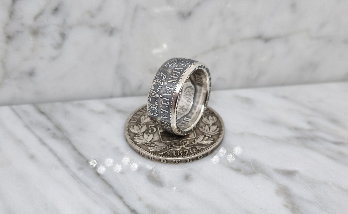 Bague pièce de monnaie 5 Francs de Belgique en argent (coin ring)