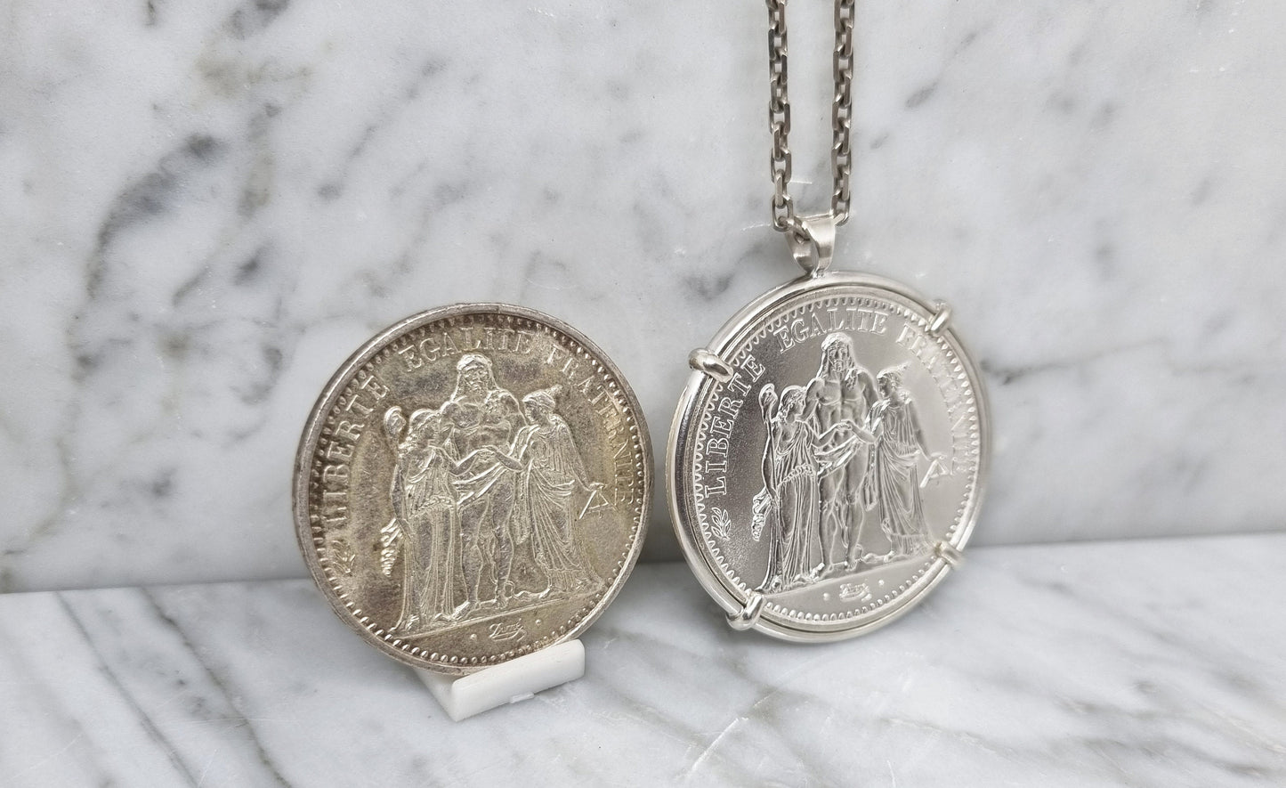 Pendentif pièce de monnaie 10 Francs Hercule en argent fait main