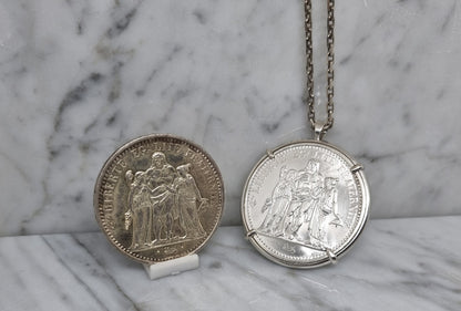 Pendentif pièce de monnaie 10 Francs Hercule en argent fait main