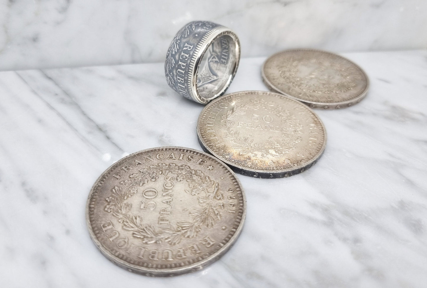 Bague pièce de monnaie 50 Francs Hercule en argent (coin ring)