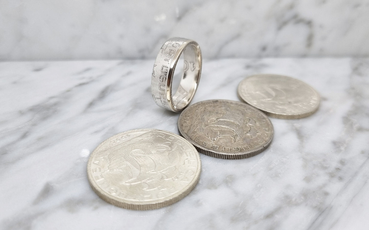 Bague pièce de monnaie 10 Escudos du Portugal en argent (coin ring)