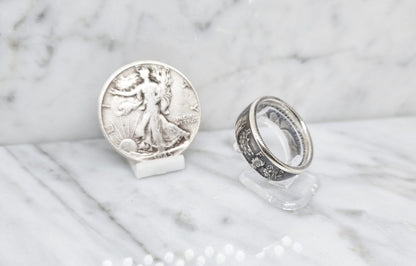 Bague pièce de monnaie 1/2 Dollar "Liberty Walking" des Etats-Unis en argent (coin ring)