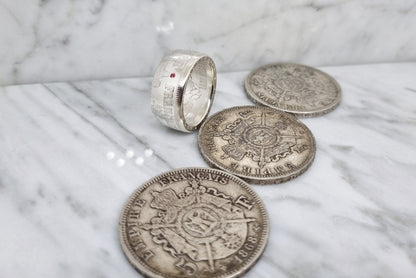 Bague pièce de monnaie 5 Francs Napoléon III en argent serti d'un rubis (coin ring)