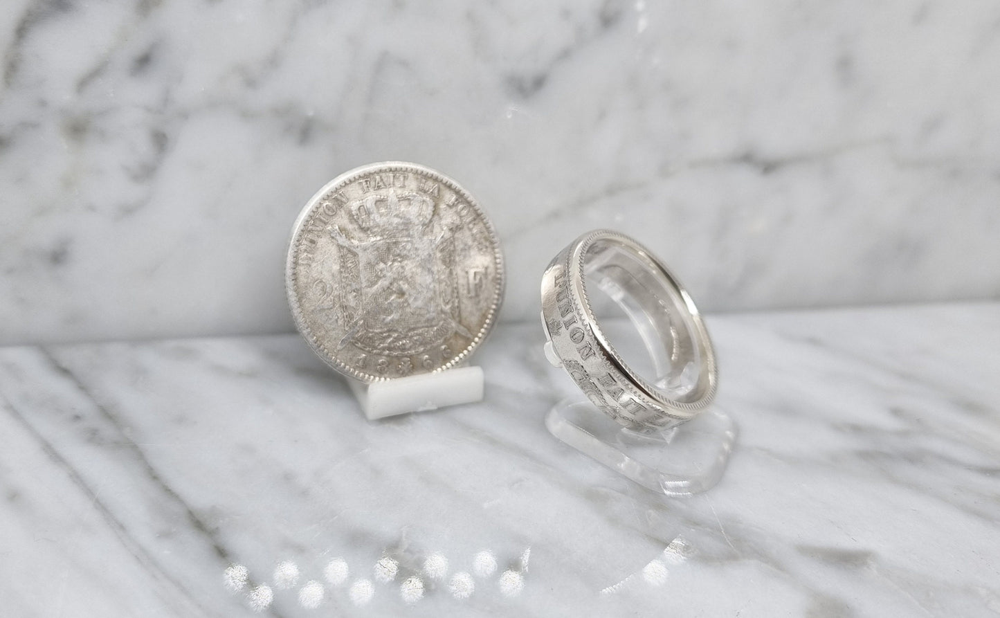 Bague pièce de monnaie 2 Francs de Belgique en argent (coin ring)