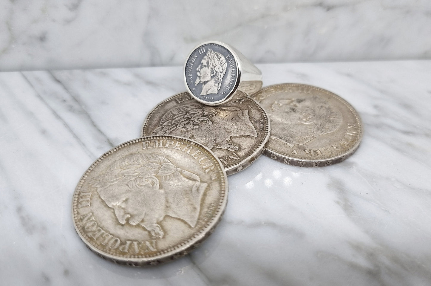 Chevalière massive pièce de monnaie 50 centimes Napoléon III en argent (coin ring)