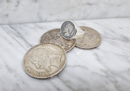 Chevalière massive pièce de monnaie 50 centimes Napoléon III en argent (coin ring)