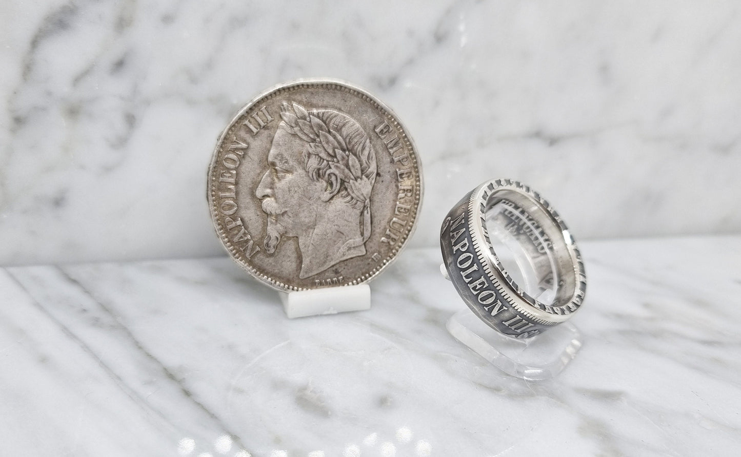 Bague pièce de monnaie 5 Francs Napoléon III visible en argent style alliance (coin ring)