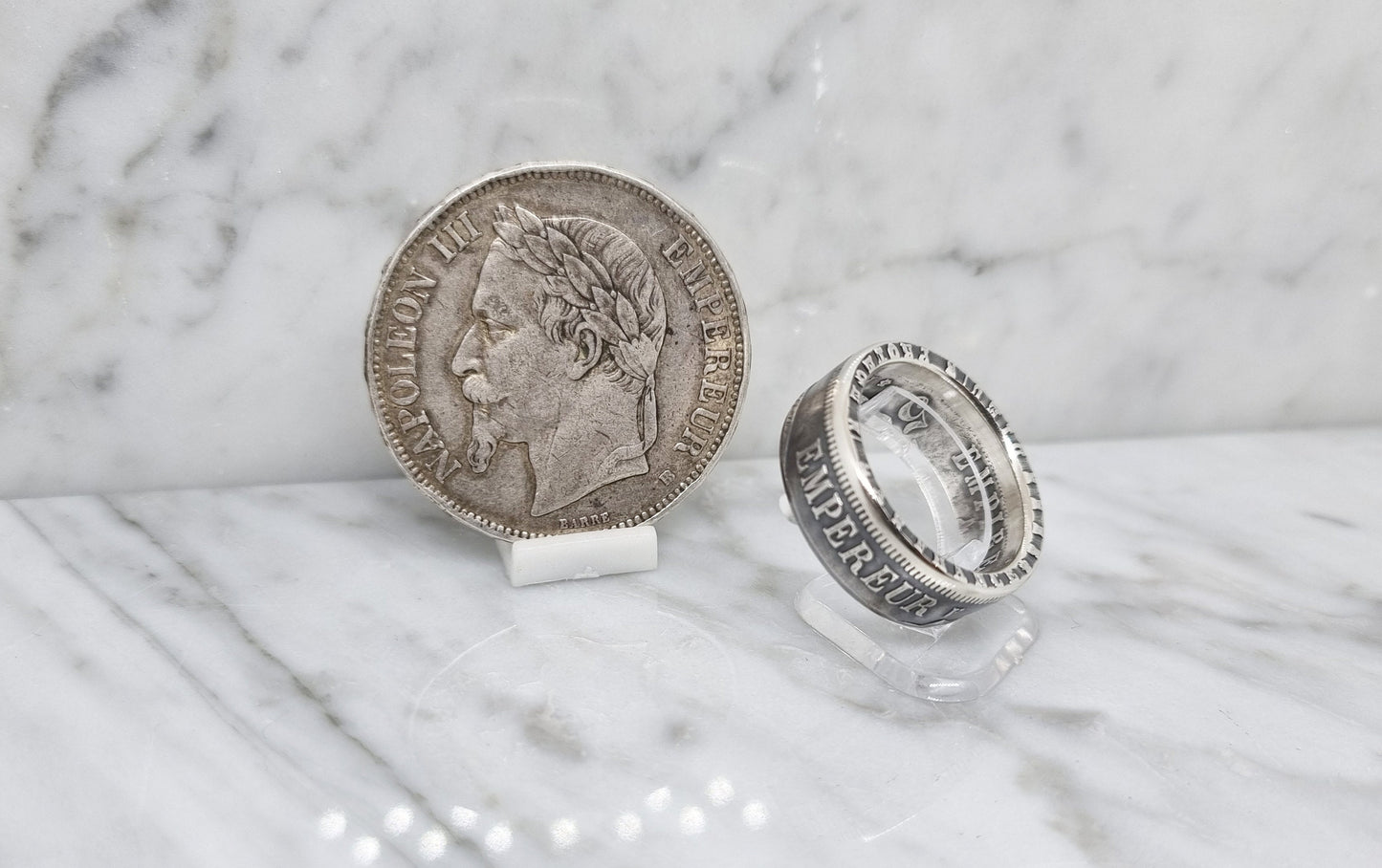 Bague pièce de monnaie 5 Francs Napoléon III visible en argent style alliance (coin ring)