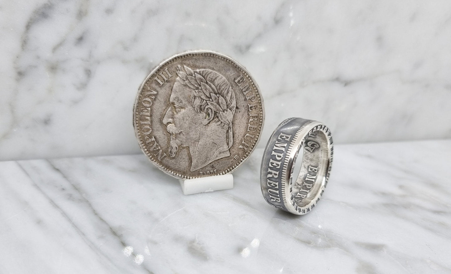 Bague pièce de monnaie 5 Francs Napoléon III visible en argent style alliance (coin ring)