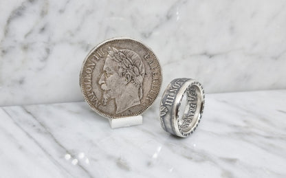 Bague pièce de monnaie 5 Francs Napoléon III visible en argent style alliance (coin ring)