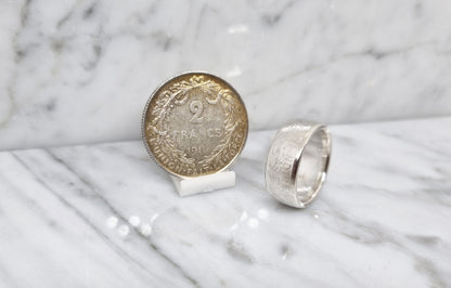 Bague pièce de monnaie 2 Francs de Belgique Albert Ier en argent (coin ring)